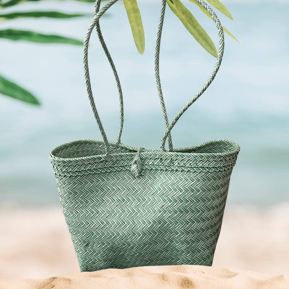 Recycled Plastic Woven Beach/Tote Long Strapped Bag: Maroon