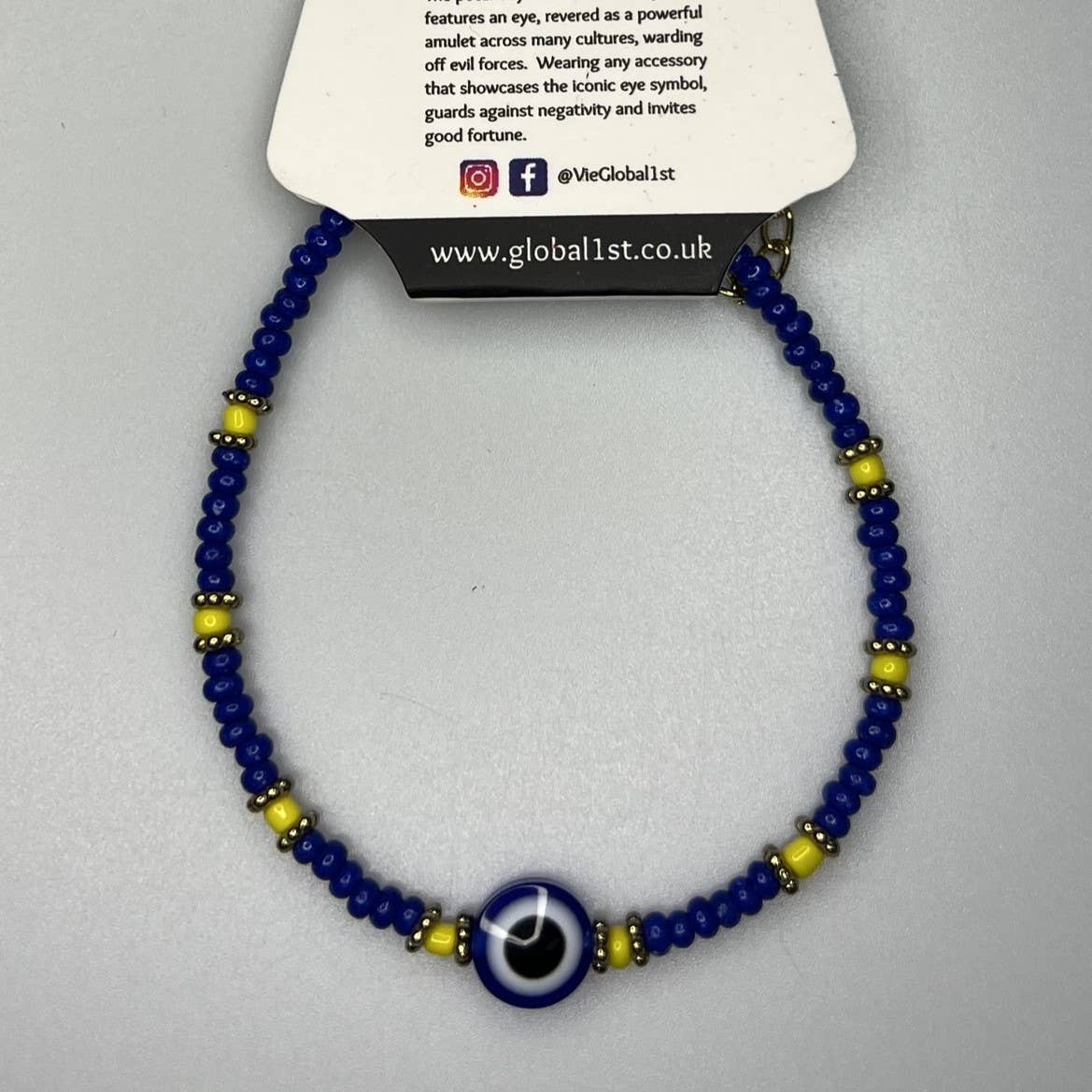Evil Eye Bracelet, Yellow Beads (JIT): Light Blue