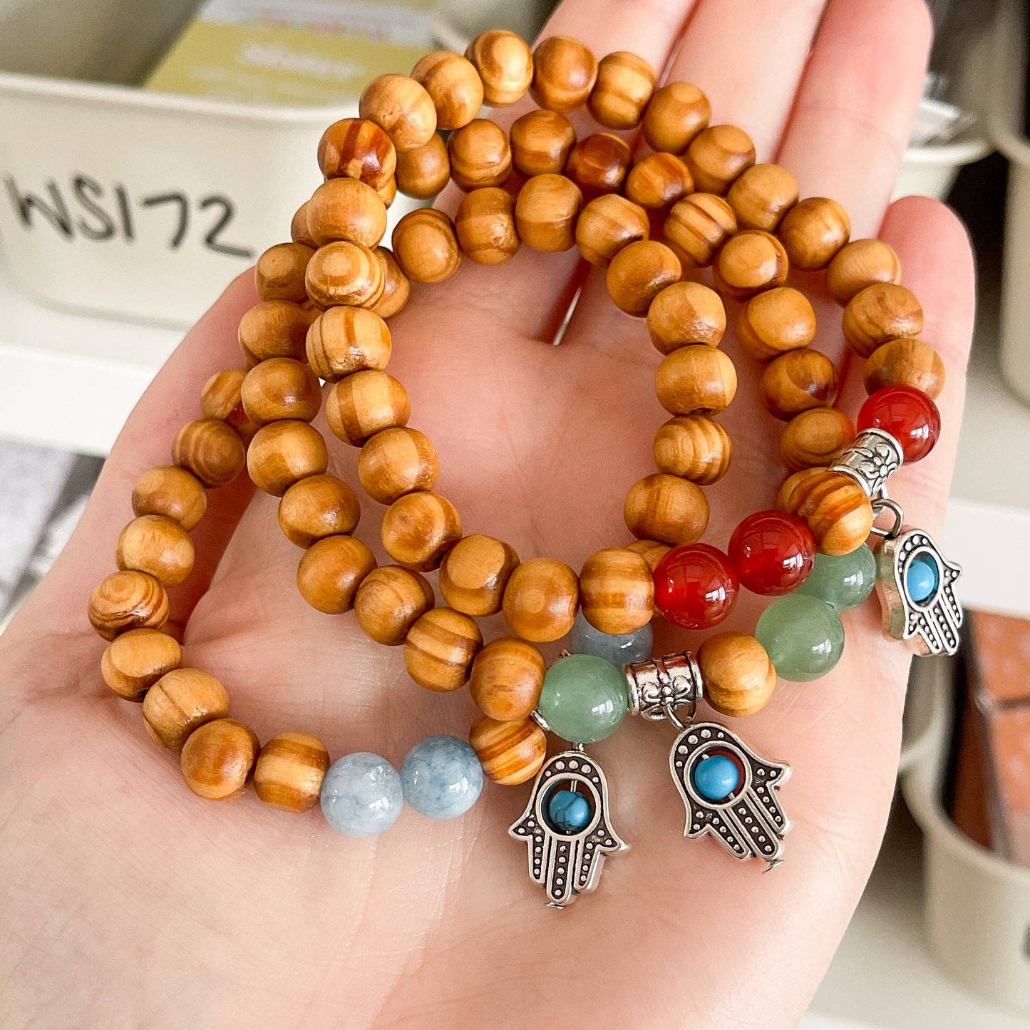 Hamsa charm, mixed colours, beaded bracelet - S096