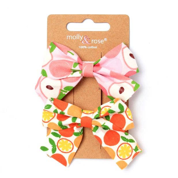 Card of 2 Fruit Print Bows In 100% Cotton 5cm