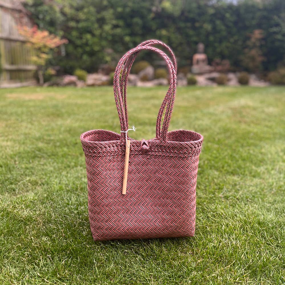 Recycled Plastic Woven Beach/Tote Long Strapped Bag: Maroon