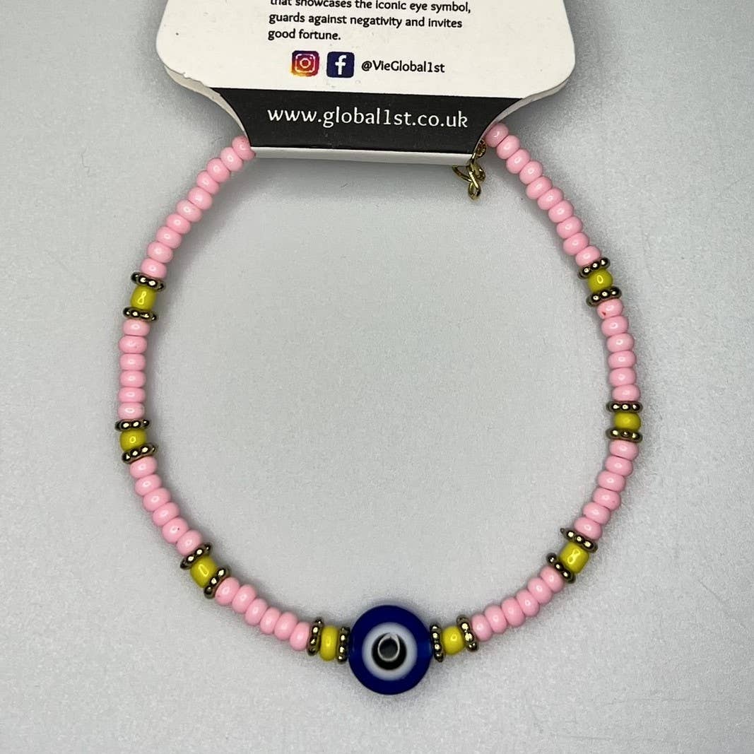 Evil Eye Bracelet, Yellow Beads (JIT): Light Blue