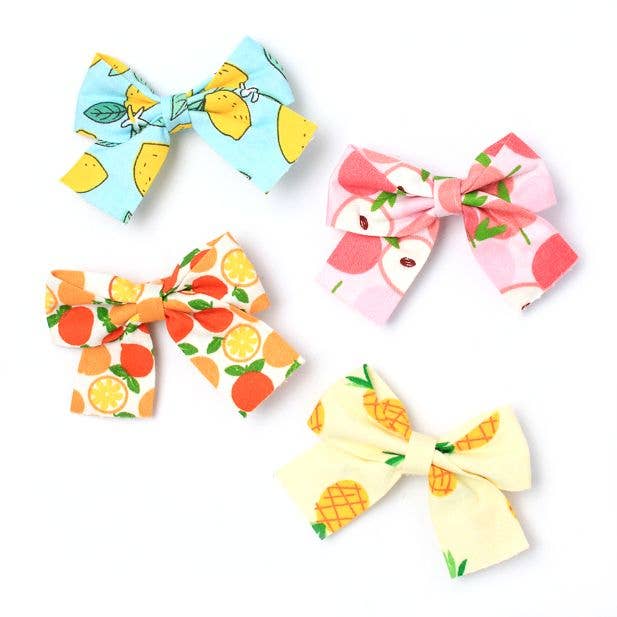 Card of 2 Fruit Print Bows In 100% Cotton 5cm
