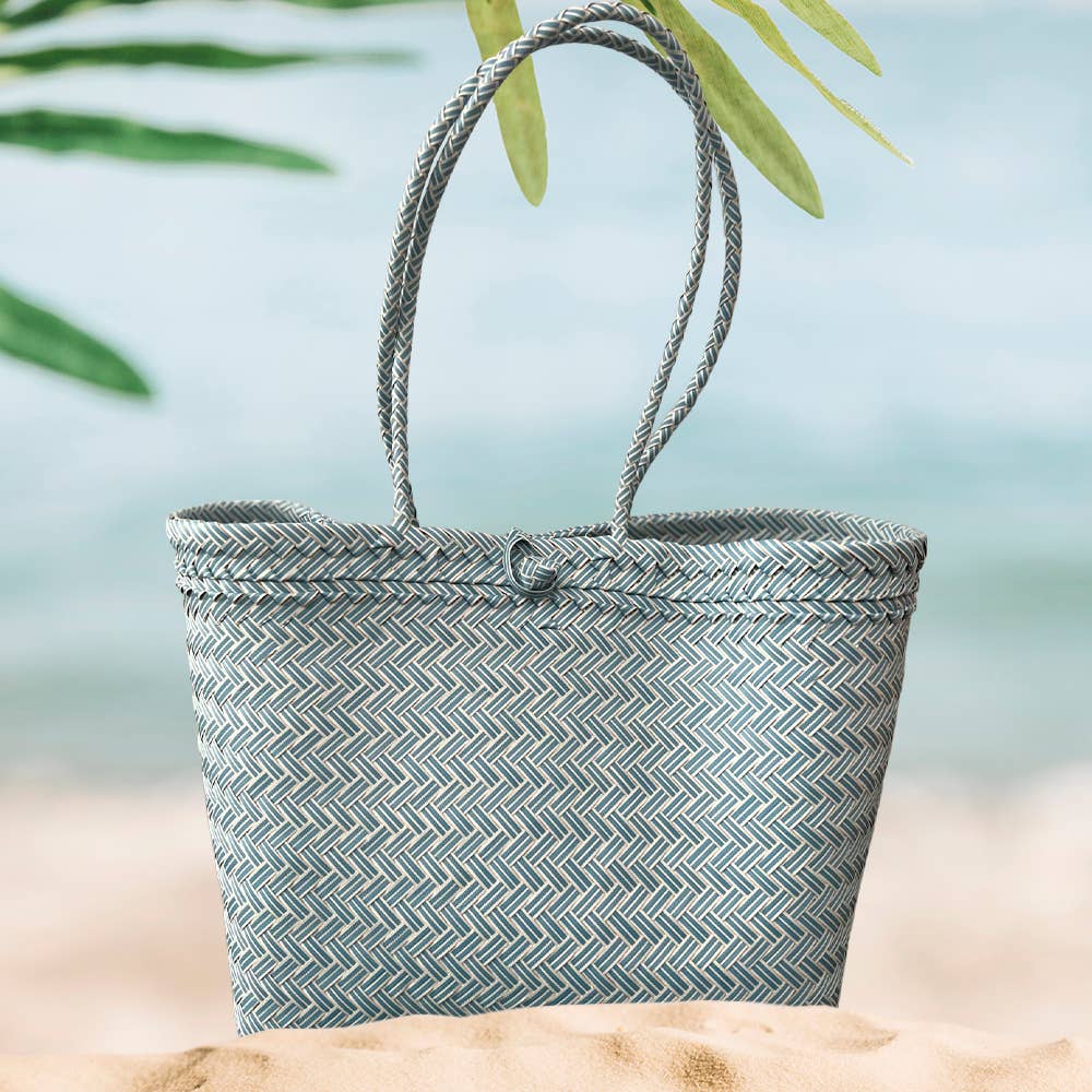 Recycled Plastic Woven Beach/Tote Long Strapped Bag: Maroon