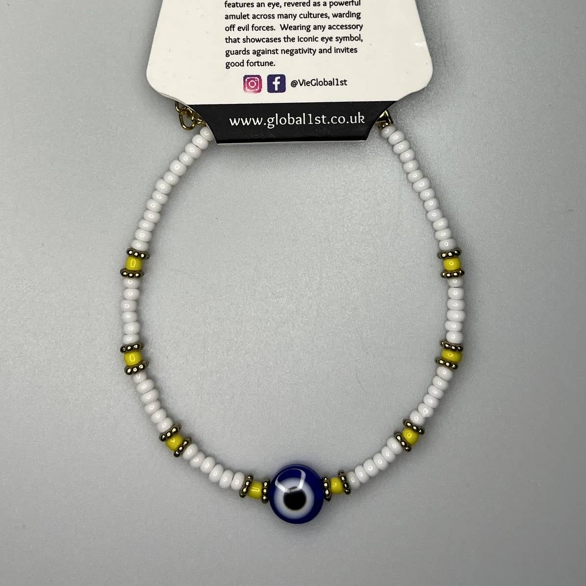 Evil Eye Bracelet, Yellow Beads (JIT): Light Blue