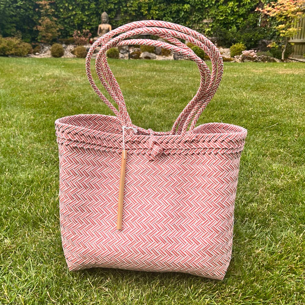 Recycled Plastic Woven Beach/Tote Long Strapped Bag: Maroon