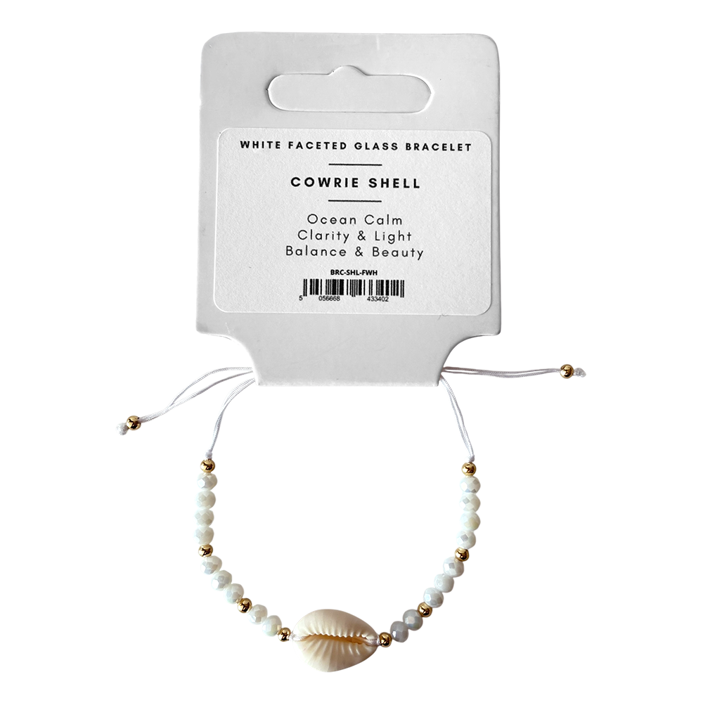White Faceted Glass Bracelet with Cowrie Shell