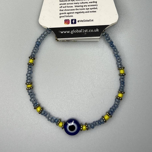 Evil Eye Bracelet, Yellow Beads (JIT): Light Blue