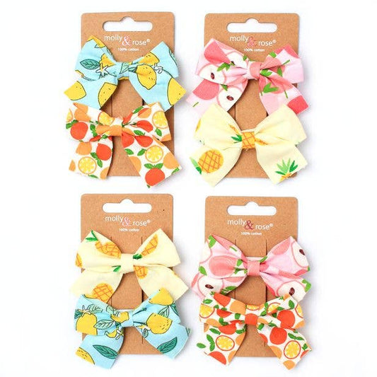 Card of 2 Fruit Print Bows In 100% Cotton 5cm