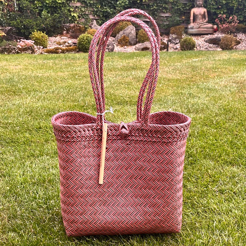 Recycled Plastic Woven Beach/Tote Long Strapped Bag: Maroon